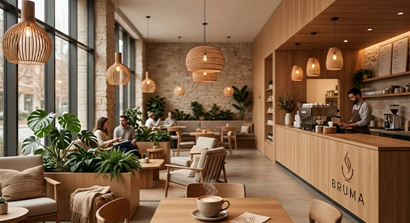 Ambiente interior minimalista de BRUMA con iluminación cálida