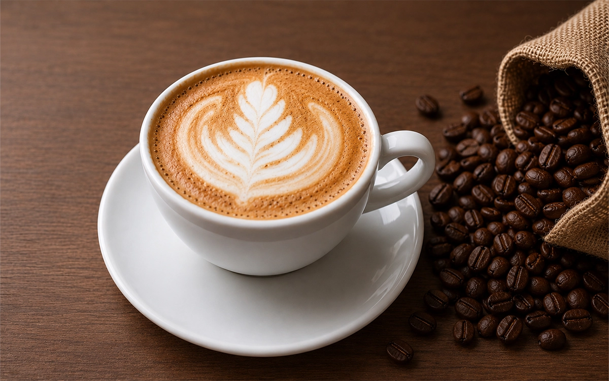 Cappuccino con latte art en taza de cerámica