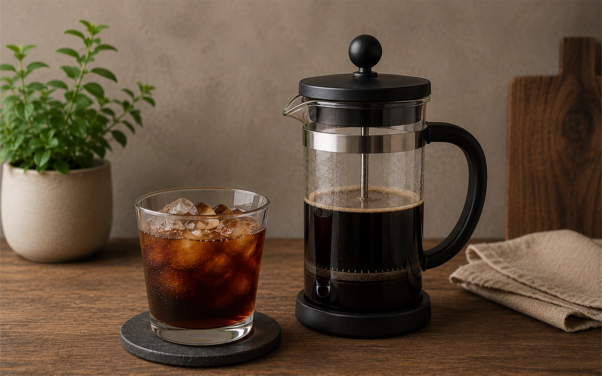 Cold brew servido con hielo en vaso alto