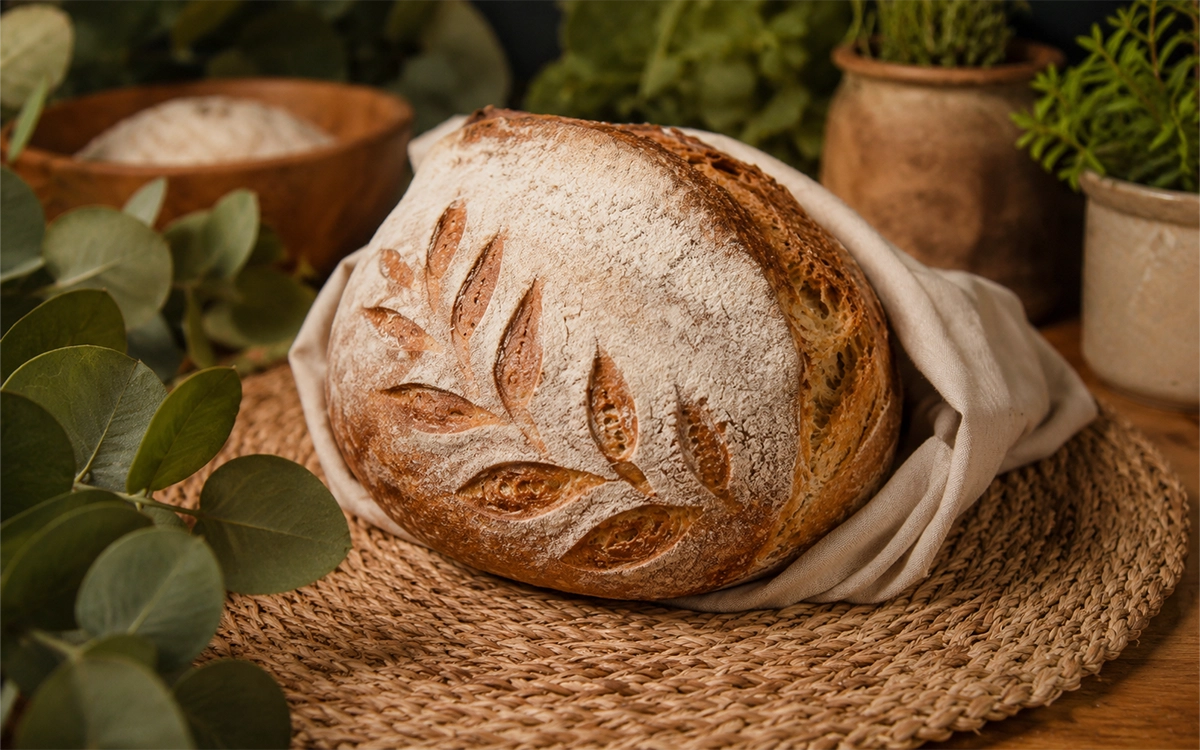 Pan artesanal de masa madre recién horneado